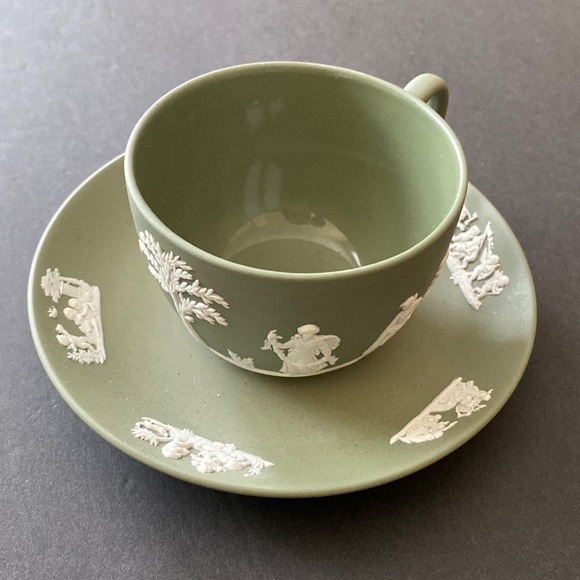 Wedgewood Jasperware Olive Green Tea Cup & Saucer Set